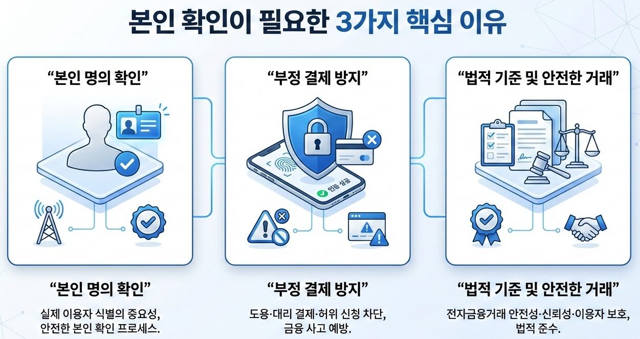 본인 확인이 필요한 3가지 핵심 이유를 설명한 인포그래픽으로, 본인 명의 확인, 부정 결제 방지, 법적 기준 및 안전한 거래를 각각 아이콘과 함께 시각화한 이미지