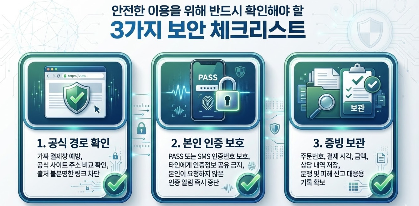 안전한 이용을 위한 3가지 보안 체크리스트를 보여주는 인포그래픽