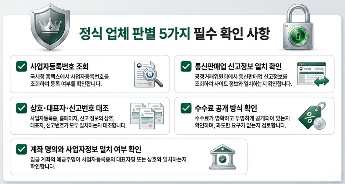 방패와 자물쇠 아이콘이 배치된 인포그래픽으로, 정식 업체를 판별하기 위한 5가지 확인 항목인 사업자등록번호 조회, 통신판매업 신고정보 확인, 상호·대표자·신고번호 대조, 수수료 공개 방식 확인, 계좌 명의와 사업자정보 일치 여부 확인을 안내한다.