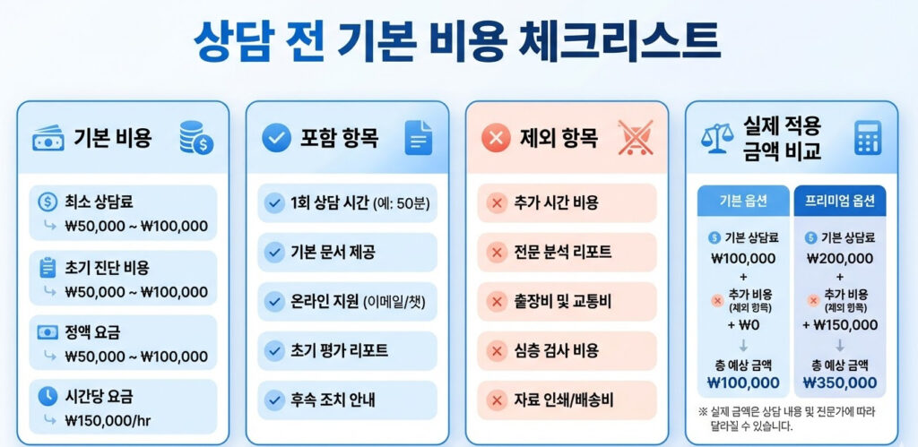 상담 전 기본 비용 체크리스트를 정리한 인포그래픽으로 기본 비용, 포함 항목, 제외 항목, 실제 적용 금액 비교를 4개 박스로 보여주는 이미지