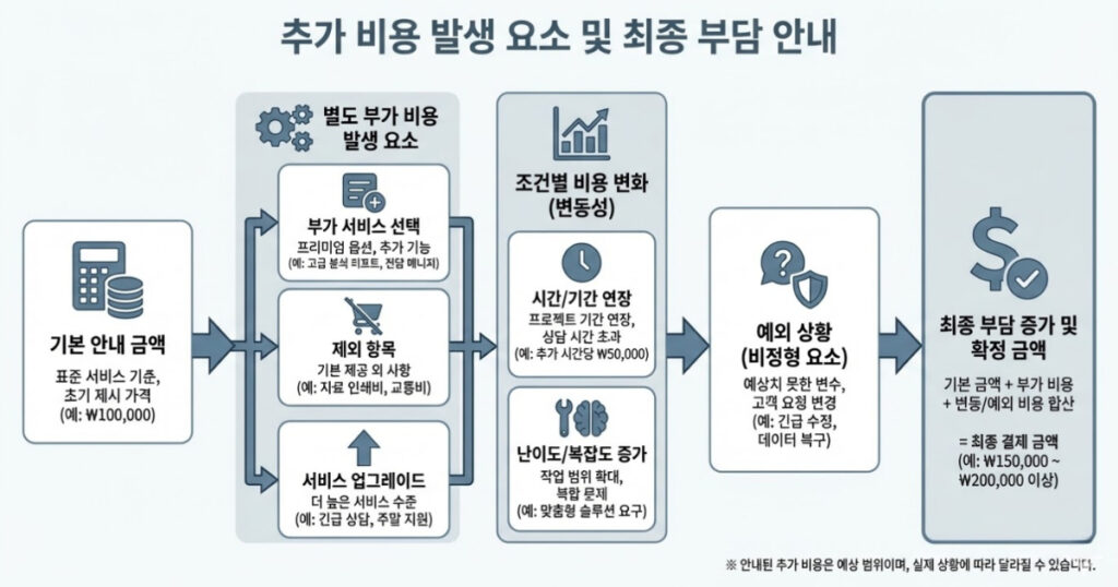 기본 안내 금액에서 부가 서비스, 제외 항목, 서비스 업그레이드, 조건별 비용 변화, 예외 상황을 거쳐 최종 부담 금액이 결정되는 과정을 화살표 흐름으로 설명한 인포그래픽