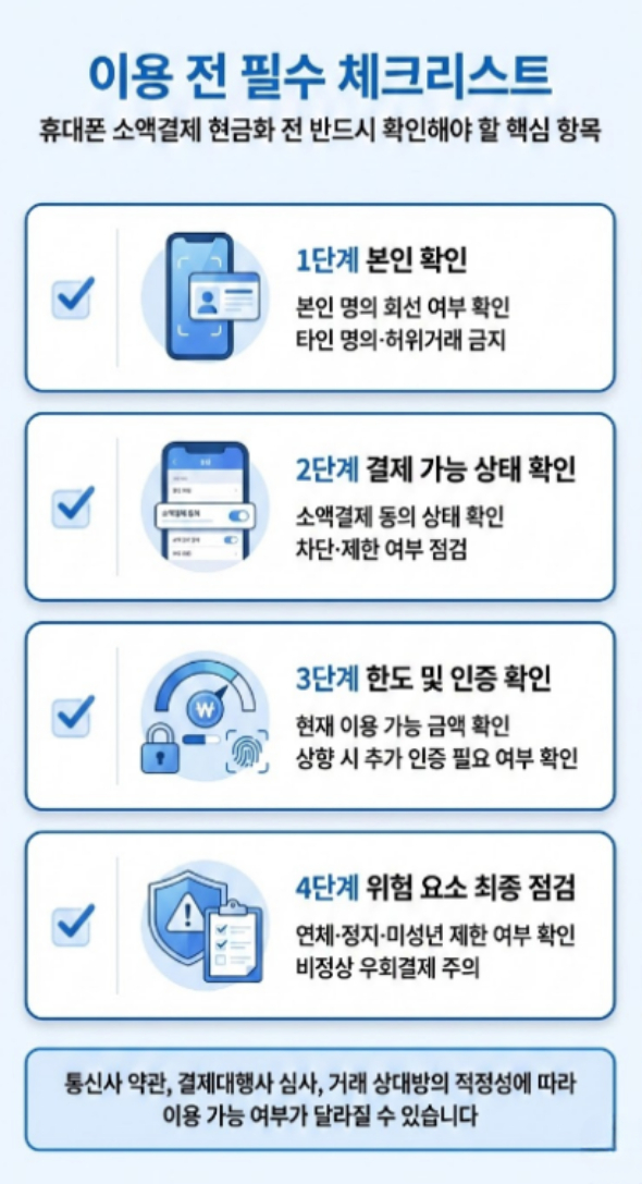 휴대폰 소액결제 현금화 이용 전 본인 확인, 결제 가능 상태, 한도 및 인증, 위험 요소를 점검하는 체크리스트 이미지