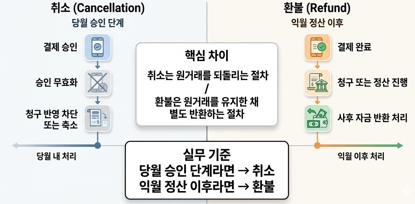 소액결제 취소와 환불의 차이를 당월 승인 단계와 익월 정산 이후 기준으로 비교한 인포그래픽