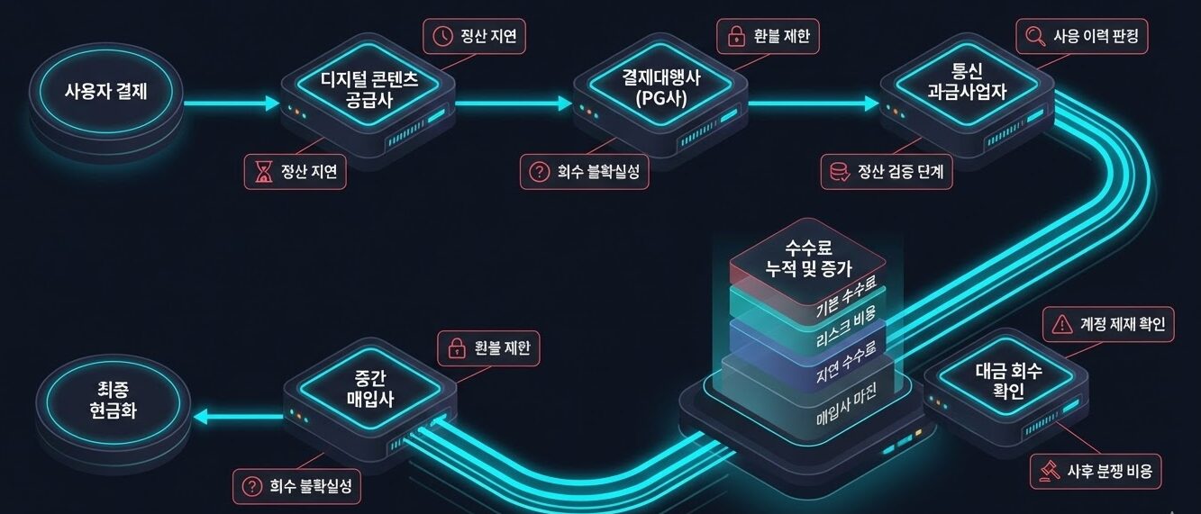 어두운 배경의 디지털 흐름도 인포그래픽으로, 사용자 결제부터 디지털 콘텐츠 공급사, 결제대행사(PG사), 통신 과금사업자, 대금 회수 확인, 중간 매입사, 최종 현금화까지 이어지는 구조를 보여준다. 각 단계마다 정산 지연, 한도 제한, 사용 이력 판정, 계정 제재 확인, 사후 분쟁 비용 등의 위험 요소가 표시되어 있다.