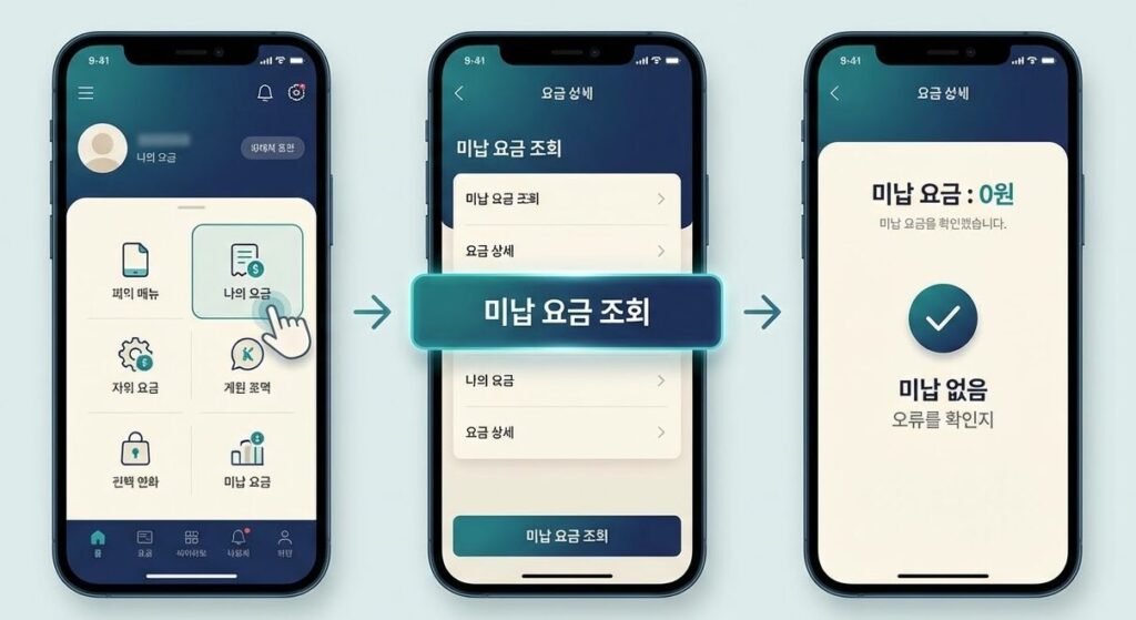 통신사 앱에서 나의 요금 메뉴를 선택한 뒤 미납 요금 조회 화면으로 이동하고, 최종적으로 미납 요금이 0원이며 미납이 없음을 확인하는 3단계 앱 화면 예시