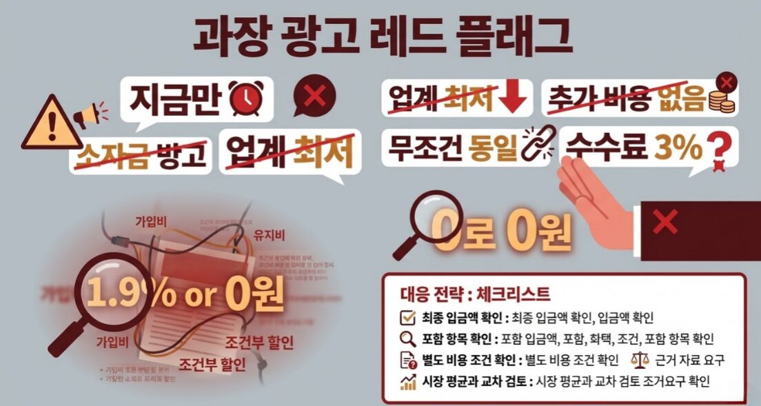 과장 광고 문구인 지금만, 업계 최저, 추가 비용 없음, 수수료 3% 등을 경고 표시와 함께 보여주고, 최종 입금액 확인과 별도 비용 점검이 중요하다는 체크리스트를 안내하는 인포그래픽