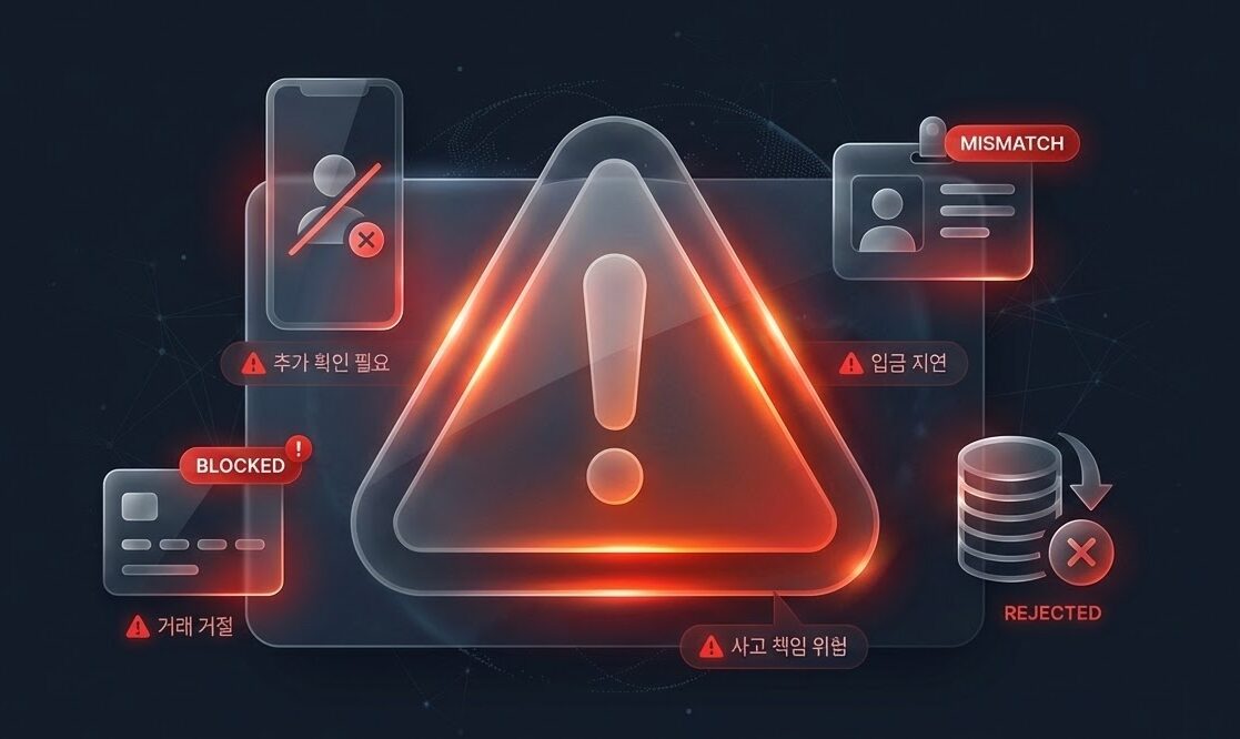 붉은 경고 삼각형을 중심으로 신분 불일치, 추가 확인 필요, 거래 거절, 입금 지연, 사고 책임 위험, 승인 거절 등의 경고 문구가 표시된 디지털 위험 안내 이미지