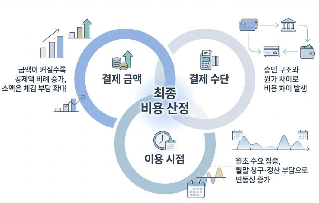 결제 금액, 결제 수단, 이용 시점 세 요소가 겹쳐지며 최종 비용 산정에 영향을 준다는 구조를 보여주는 원형 다이어그램 인포그래픽