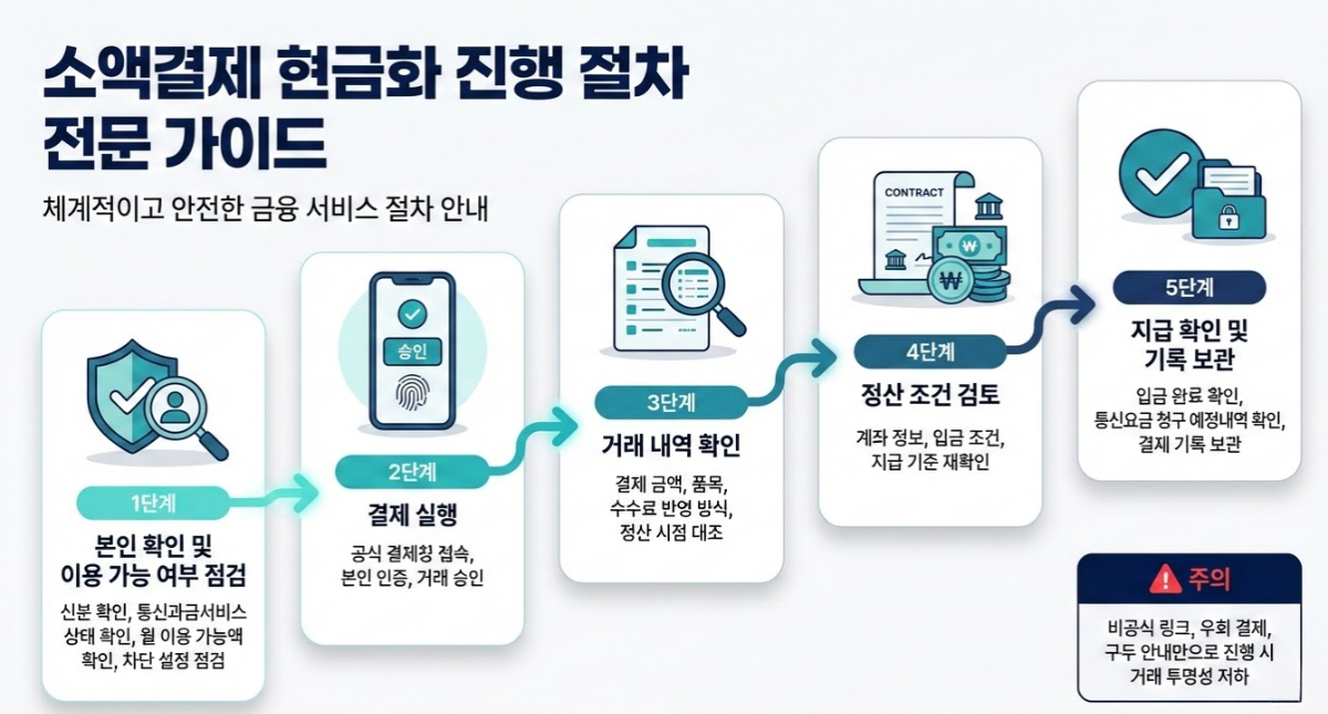 소액결제 현금화 진행 절차를 5단계로 정리한 인포그래픽