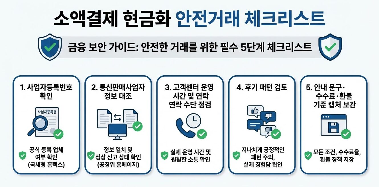 소액결제 현금화 안전거래를 위한 5단계 점검 항목을 정리한 체크리스트 인포그래픽