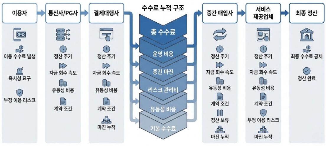밝은 배경의 단계형 인포그래픽으로, 이용자에서 통신사·PG사, 결제대행사, 중간 매입사, 서비스 제공업체, 최종 정산으로 이어지는 구조와 함께 중앙에 기본 수수료, 유동성 비용, 리스크 관리비, 중간 마진, 운영 비용, 총수수료가 층층이 누적되는 수수료 구조가 표시되어 있다.
