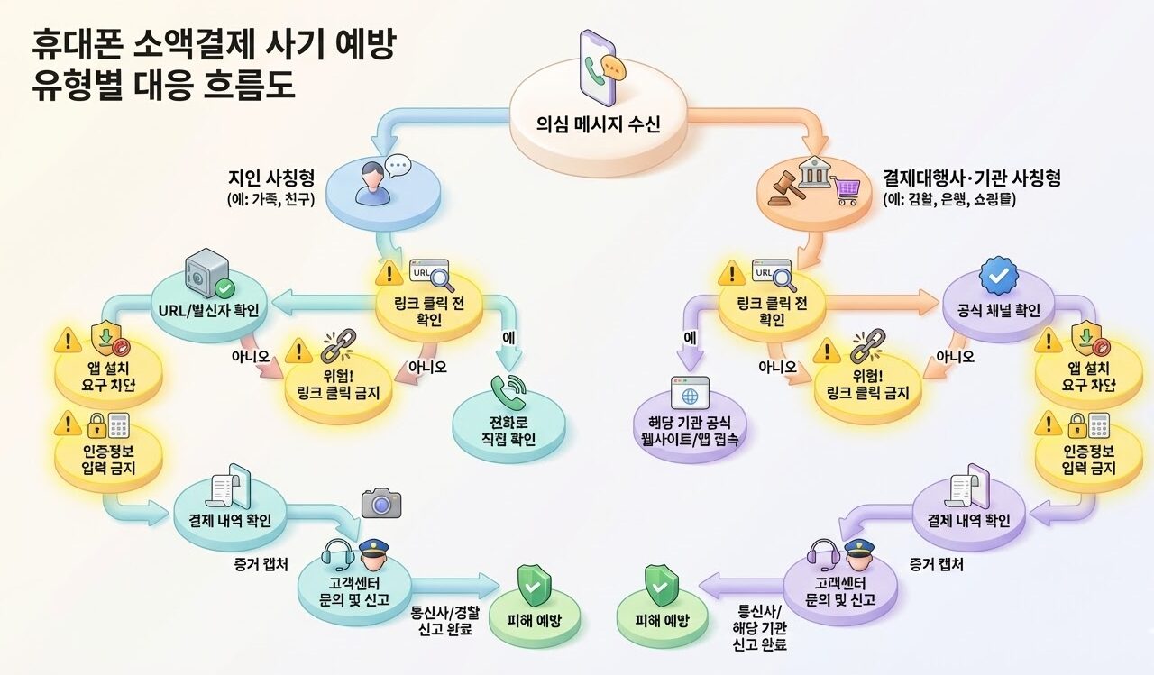 지인 사칭형과 결제대행사·기관 사칭형 메시지에 대응하는 휴대폰 소액결제 사기 예방 흐름도