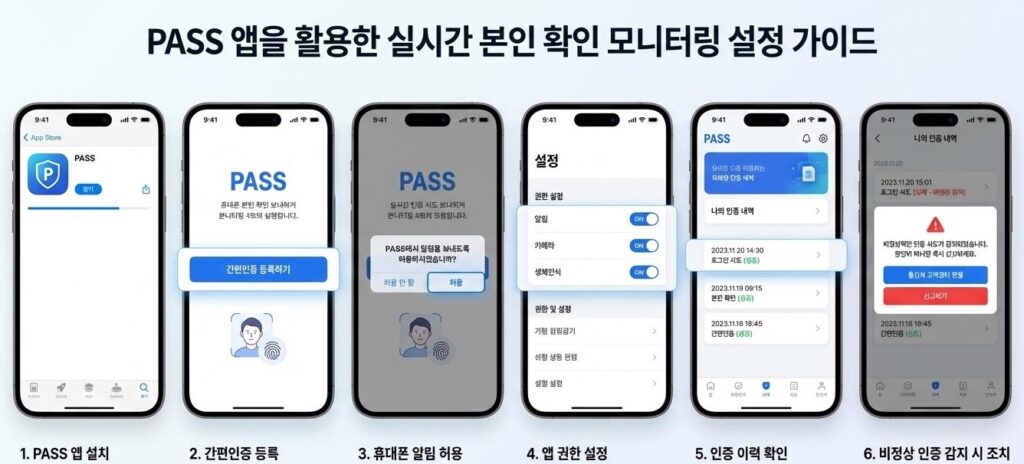 PASS 앱에서 실시간 본인 확인 모니터링을 설정하는 과정을 단계별 화면으로 보여주는 가이드 이미지