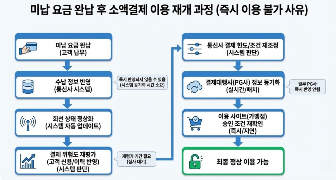 미납 요금 완납 후에도 소액결제가 즉시 재개되지 않을 수 있는 과정을 단계별로 설명한 흐름도 이미지