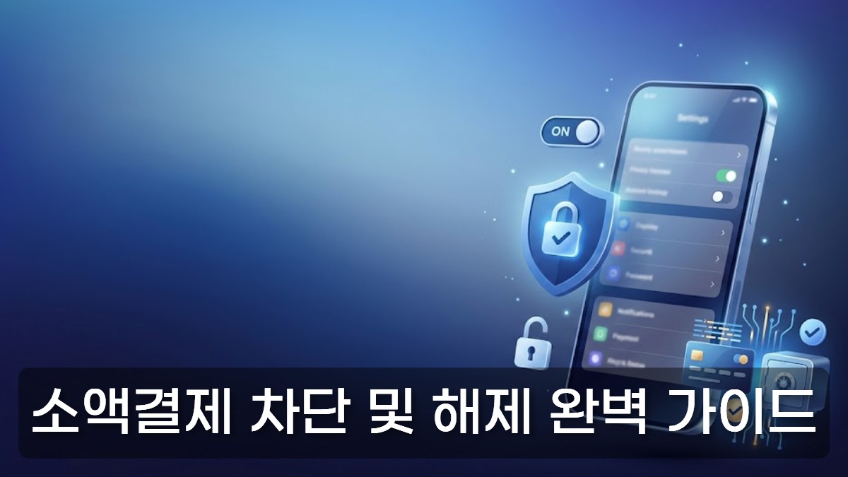 스마트폰 보안 설정 화면을 연상시키는 파란색 배경 위에 소액결제 차단 및 해제 완벽 가이드 문구가 배치된 히어로 이미지