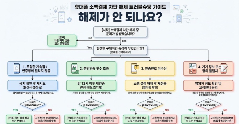 휴대폰 소액결제 차단 해제 중 발생하는 문제를 유형별로 안내하는 트러블슈팅 플로우차트