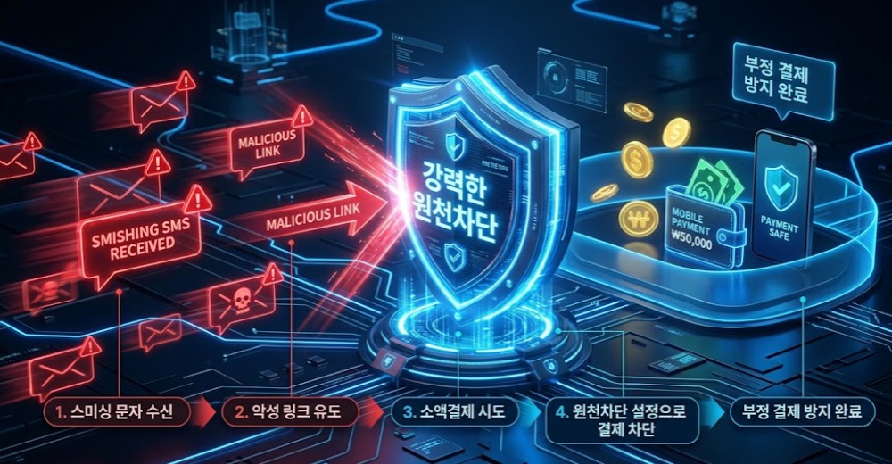 스미싱 문자와 악성 링크가 휴대폰 소액결제로 이어지는 과정을 보안 차단 방패 이미지로 표현한 인포그래픽