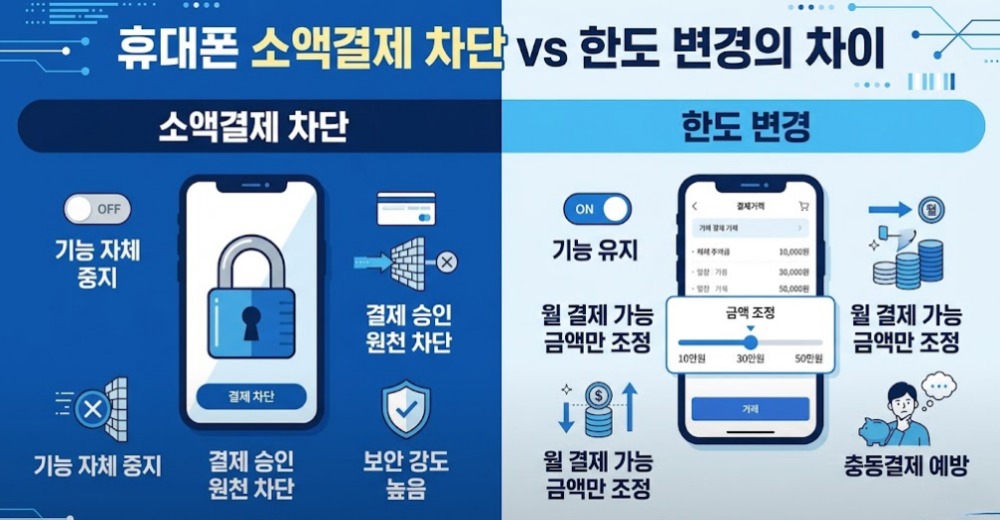 휴대폰 소액결제 차단과 한도 변경의 차이를 비교한 좌우 분할 인포그래픽