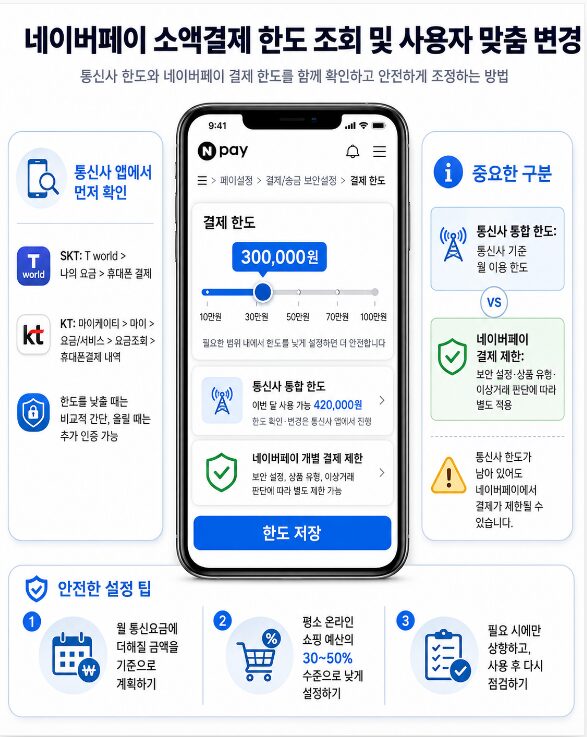 네이버페이 소액결제 한도 조정 화면과 통신사 통합 한도 확인 방법을 보여주는 모바일 UI 인포그래픽
