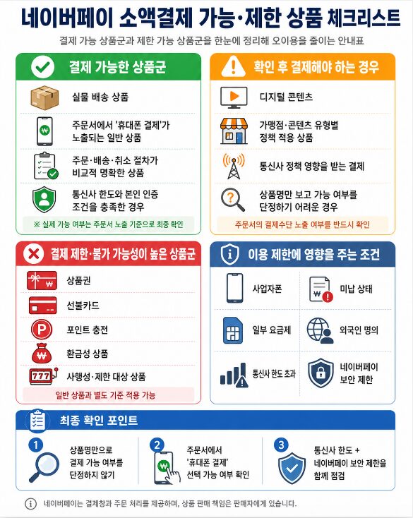 네이버페이 소액결제 가능 상품군과 제한 가능성이 높은 상품군을 구분한 체크리스트 인포그래픽