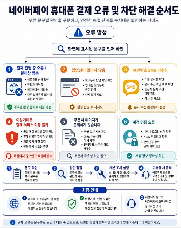 네이버페이 휴대폰 결제 오류 유형별 원인 진단과 해결 단계를 정리한 순서도 인포그래픽