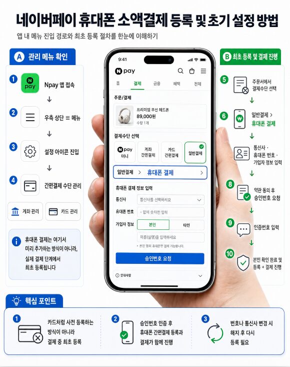 네이버페이 주문서에서 휴대폰 결제를 선택하고 승인번호 인증으로 최초 등록하는 과정을 보여주는 인포그래픽