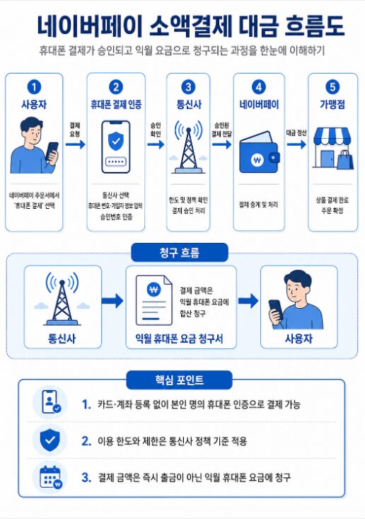 네이버페이 소액결제 승인부터 통신사 청구서 합산까지의 대금 흐름을 설명한 인포그래픽