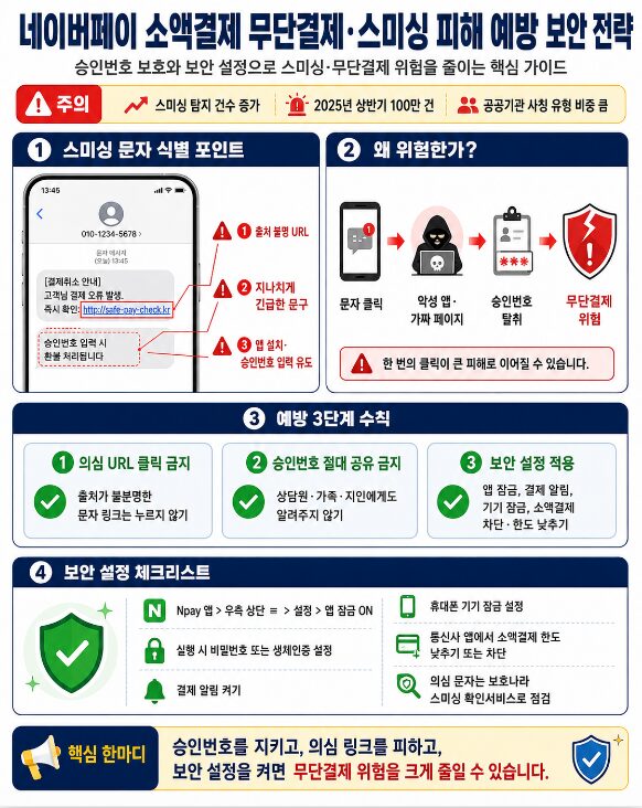 네이버페이 소액결제 스미싱 문자 식별 포인트와 무단결제 예방 수칙을 설명한 보안 인포그래픽