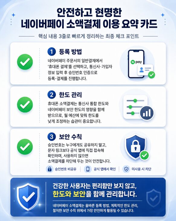 네이버페이 소액결제 등록 방법, 한도 관리, 보안 수칙을 3줄로 요약한 카드형 인포그래픽