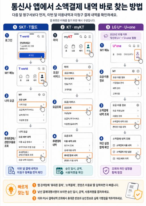 SKT T월드, KT myKT, LG U+ U+one 앱에서 소액결제 내역을 확인하는 메뉴 경로 안내 이미지