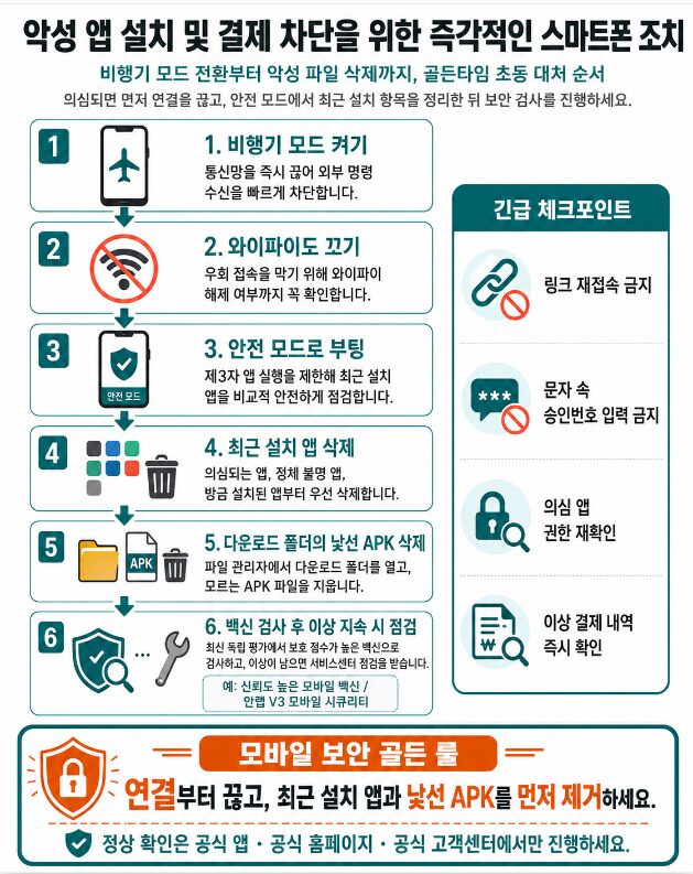 악성 앱 의심 시 비행기 모드 전환부터 APK 삭제까지 스마트폰 초동 대처 순서를 정리한 인포그래픽