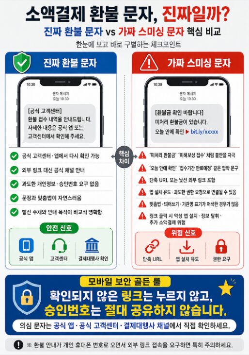 진짜 소액결제 환불 문자와 가짜 스미싱 문자의 특징을 비교한 보안 안내 인포그래픽