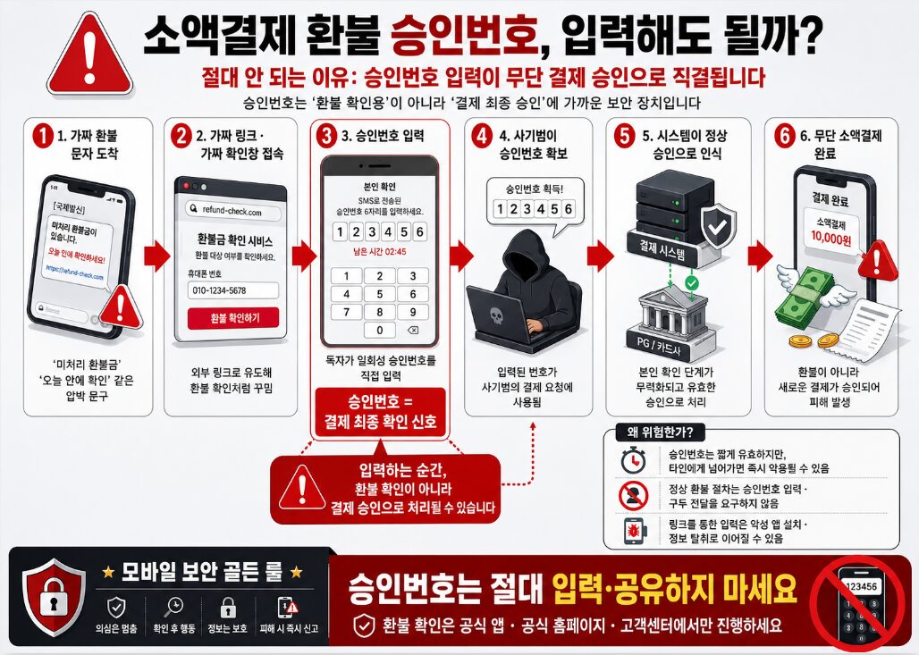 환불 승인번호 입력이 무단 소액결제 승인으로 이어지는 과정을 설명한 보안 다이어그램