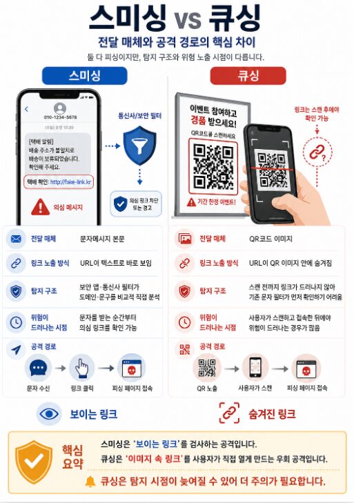 스미싱과 큐싱의 전달 매체, 링크 노출 방식, 탐지 구조 차이를 비교한 인포그래픽