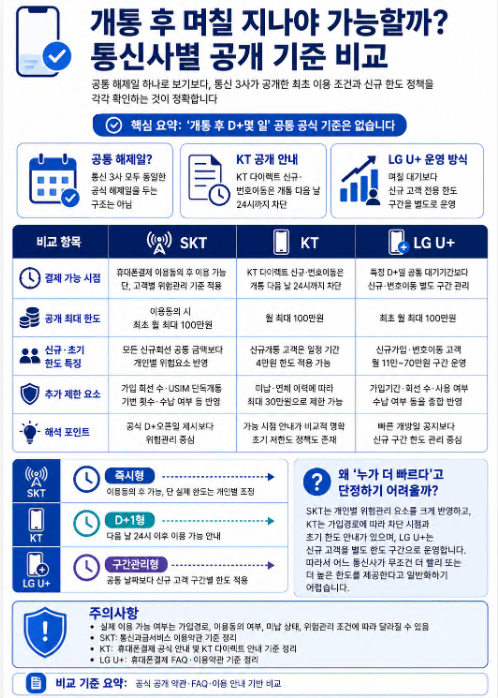 SKT KT LG U+ 신규개통 후 소액결제 가능 시점과 초기 한도 비교