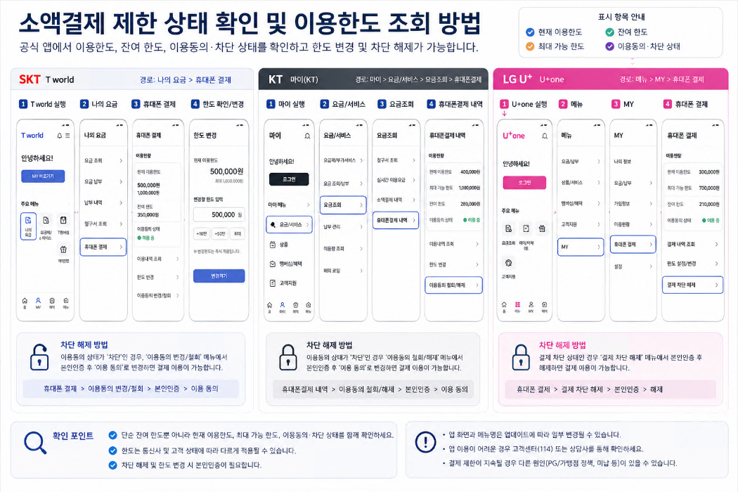 T world 마이KT U+one 앱에서 소액결제 한도와 차단 상태를 확인하는 방법