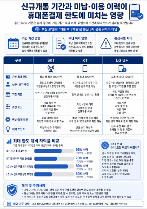 SKT KT LG U+ 신규개통 기간과 미납 이력에 따른 소액결제 한도 비교표