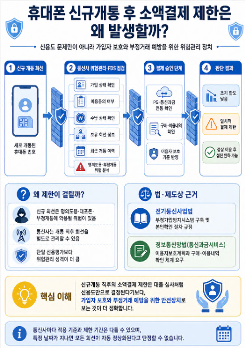 휴대폰 신규개통 후 소액결제 제한이 발생하는 위험관리 구조 인포그래픽