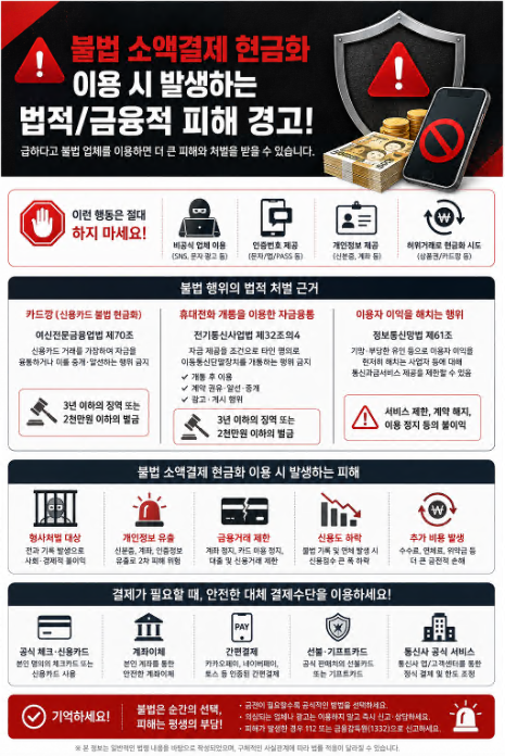 불법 소액결제 현금화 이용 시 법적 처벌과 금융 피해를 경고하는 인포그래픽